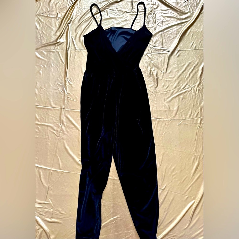 Vintage Velvet black one piece spaghetti strap fitted romper